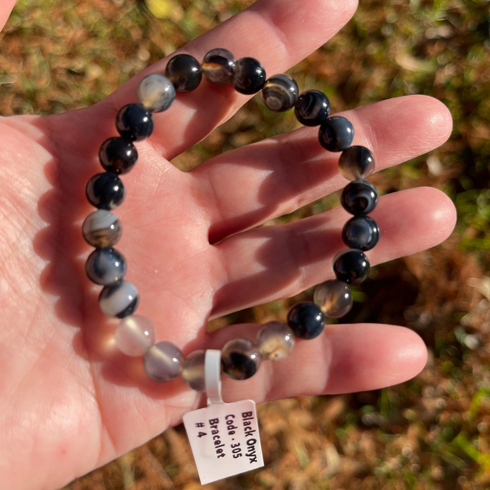 NWT Natural Black Gray Onyx Beaded Elastic Bracelet
